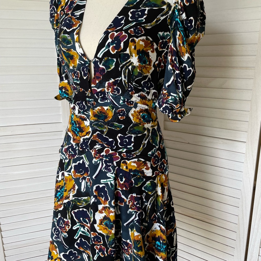 Free People Floral Dress Babydoll Flowy Rayon Sz 2 Short Sleeve Black Blue Green - Picture 7 of 7